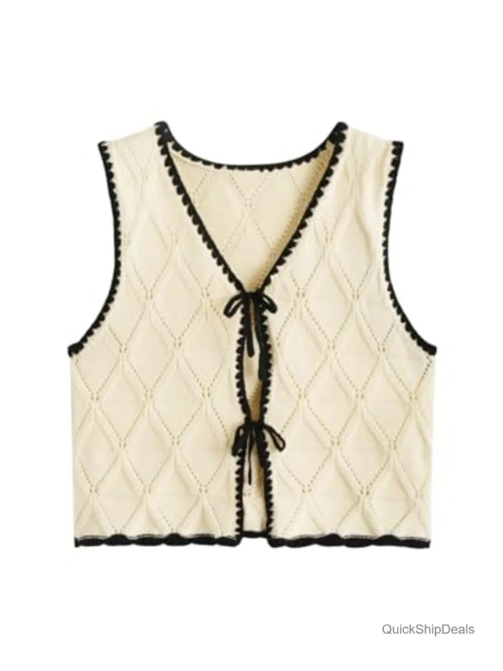 Crochet Knit Sweater Vest Bow Tie V-Neck Sleeveless Contrast Binding Top